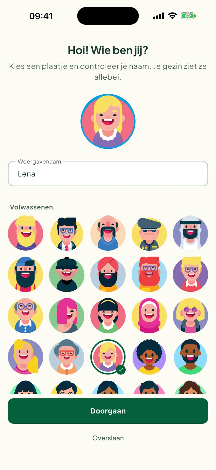 De stap Hoi! Wie ben jij?, met een gekozen foto en de naam ingevuld.