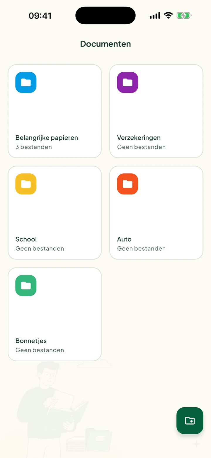 Het scherm Documenten met vijf mappen: Belangrijke papieren, Verzekeringen, School, Auto en Bonnetjes.