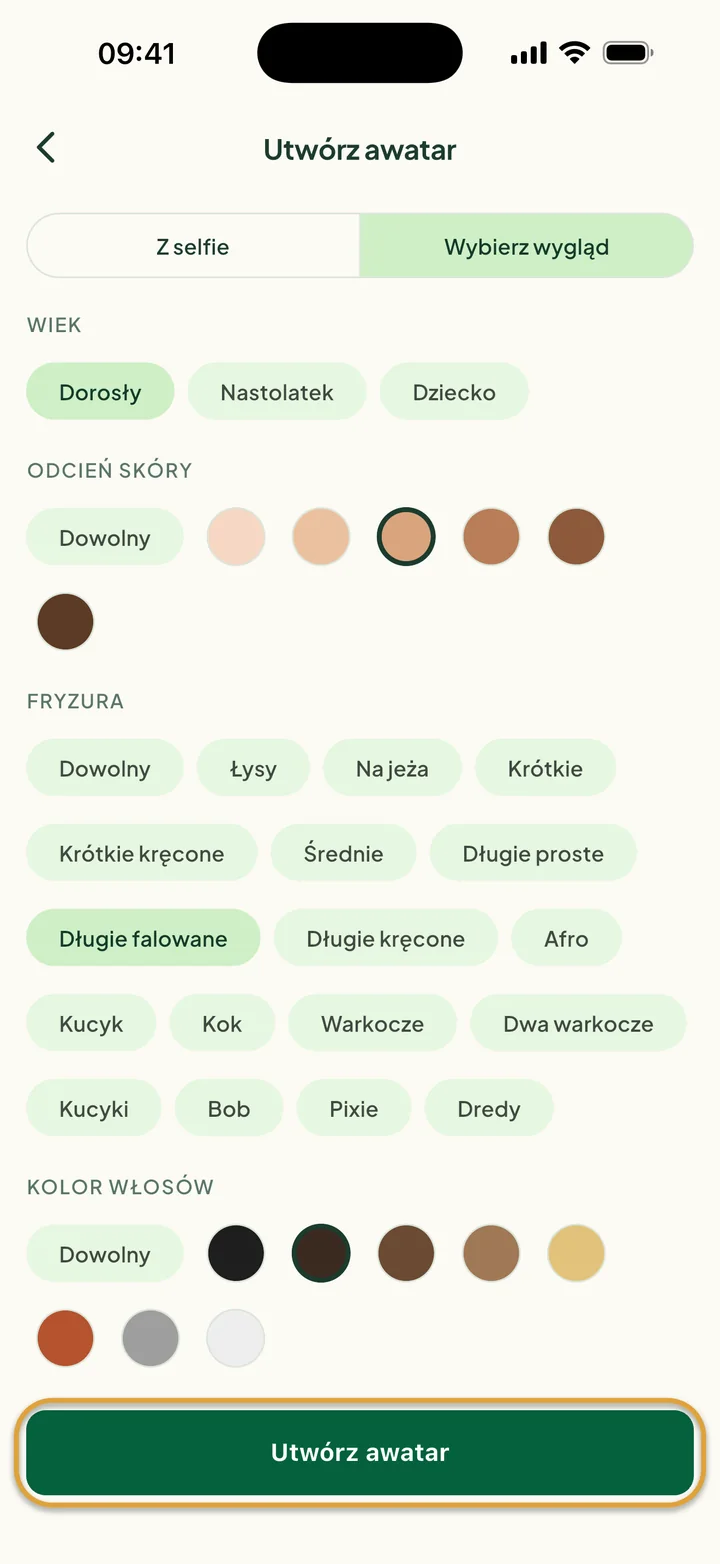 Wybierz wygląd z zaznaczonymi opcjami Dorosły, odcieniem skóry oraz włosami Długie falowane i Ciemnobrązowy. Przycisk Utwórz awatar jest zakreślony.