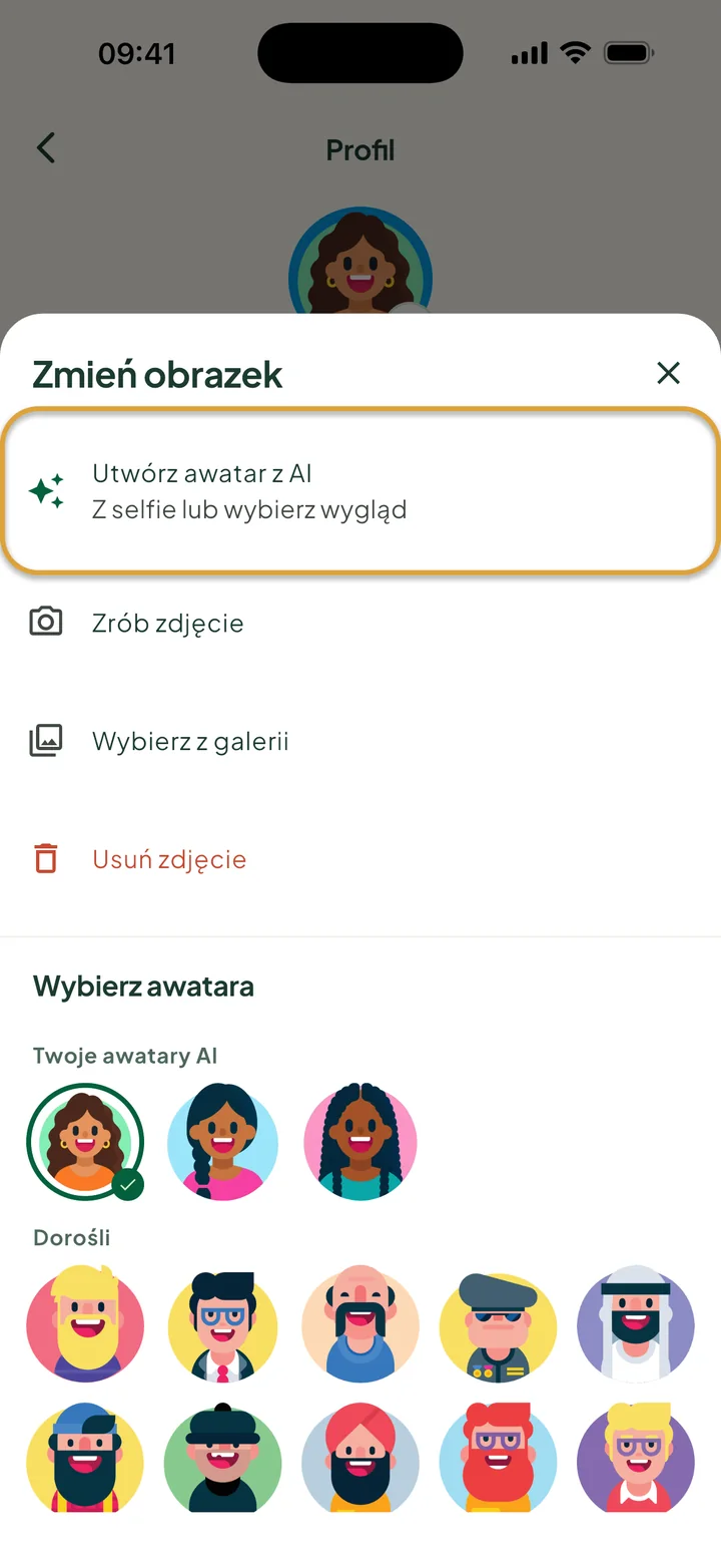 Okno Zmień obrazek. Zakreślona jest opcja Utwórz awatar z AI. W sekcji Wybierz awatara widać trzy wersje w Twoje awatary AI.