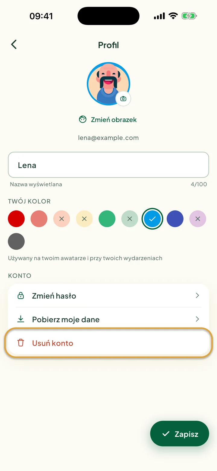 Ekran Profil. Zakreślony jest wiersz Usuń konto, ostatni w sekcji Konto.