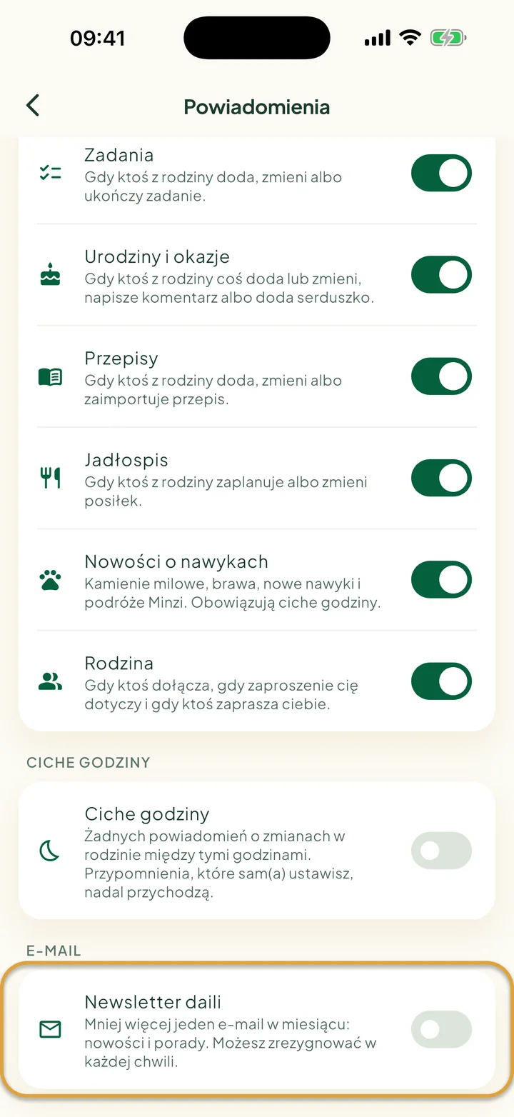 Dół ekranu Powiadomienia. Zakreślony jest przełącznik Newsletter daili w sekcji E-mail.