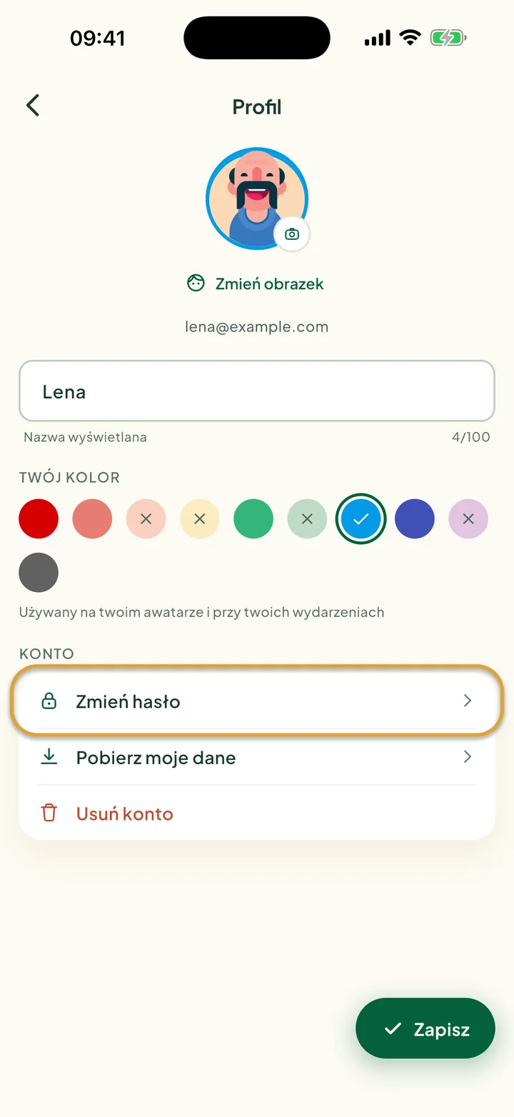 Ekran Profil. Zakreślony jest wiersz Zmień hasło w sekcji Konto.