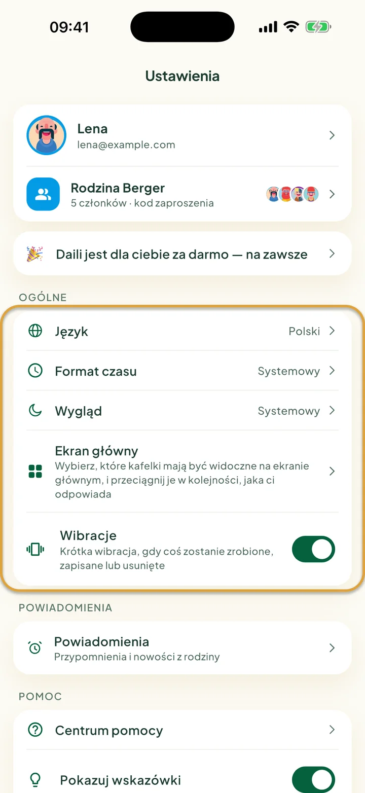 Ekran Ustawienia. Zakreślona jest karta Ogólne z opcjami Język, Format czasu, Wygląd, Ekran główny i Wibracje.