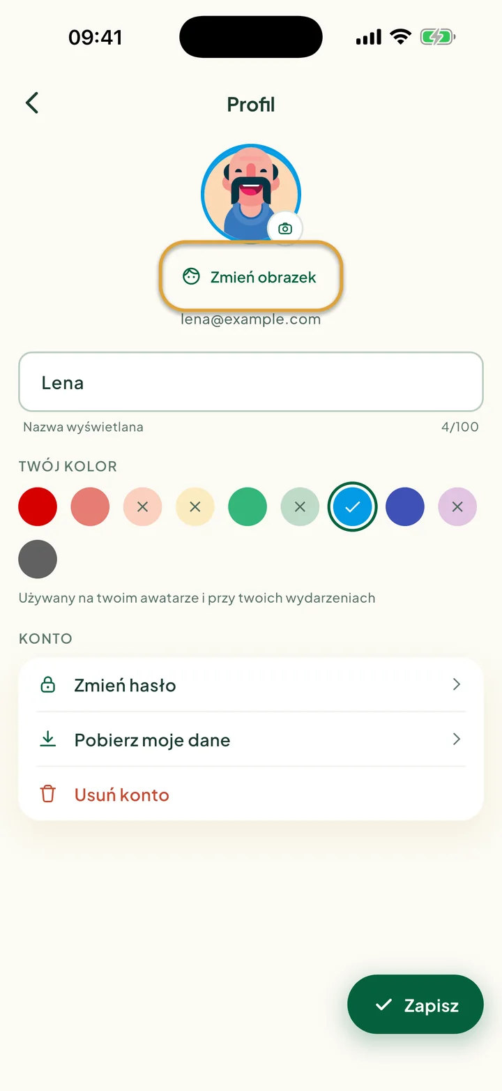 Ekran Profil z imieniem, kolorami i wierszami konta. Zakreślony jest przycisk Zmień obrazek.