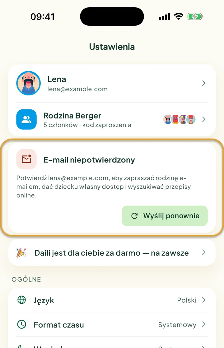 Góra ekranu Ustawienia. Zakreślona jest karta E-mail niepotwierdzony z przyciskiem Wyślij ponownie.