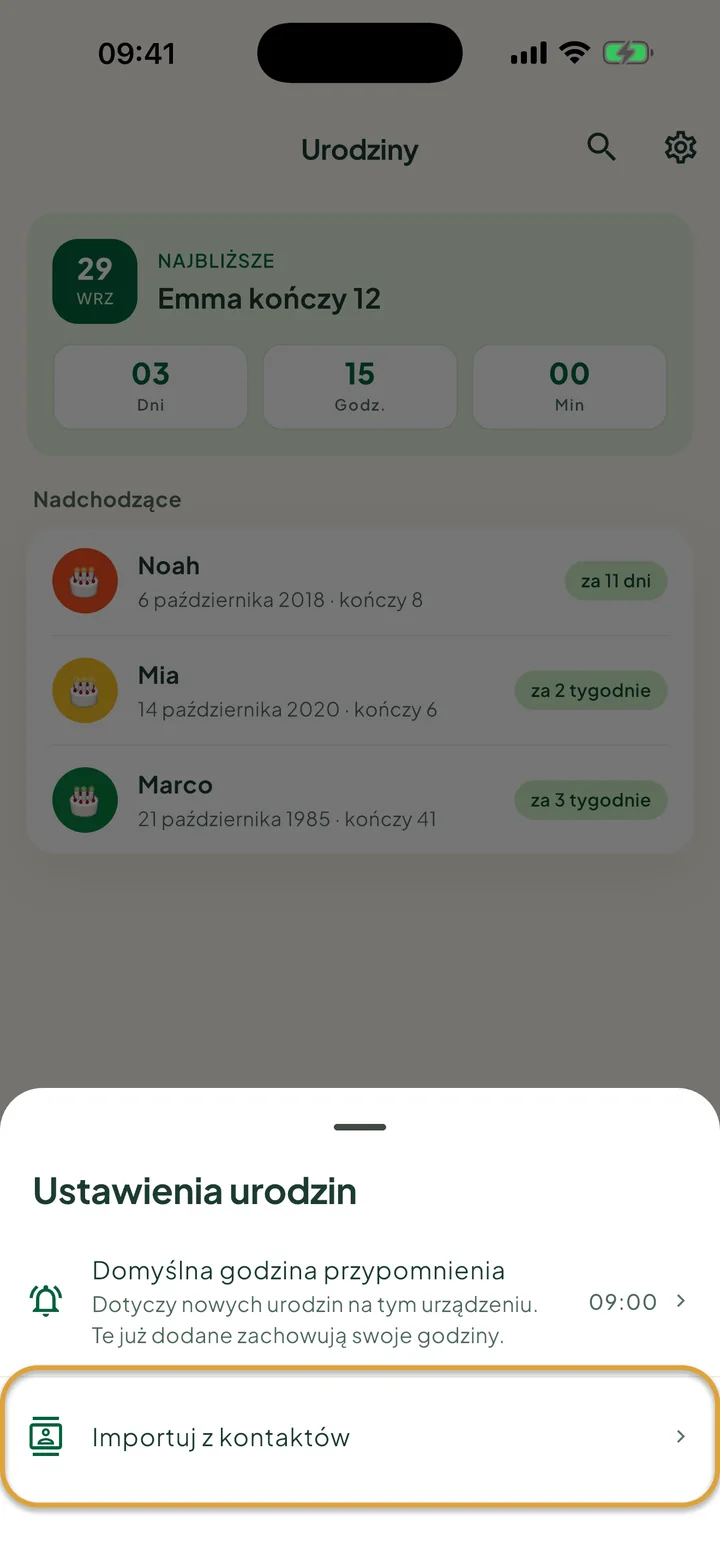 Ustawienia urodzin. Zakreślony jest wiersz Importuj z kontaktów.