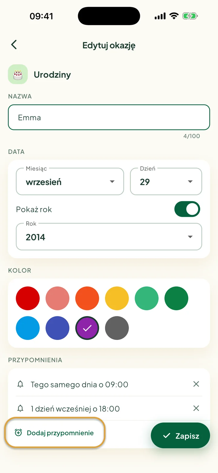 Ekran Edytuj okazję z dwoma przypomnieniami. Zakreślony jest przycisk Dodaj przypomnienie.