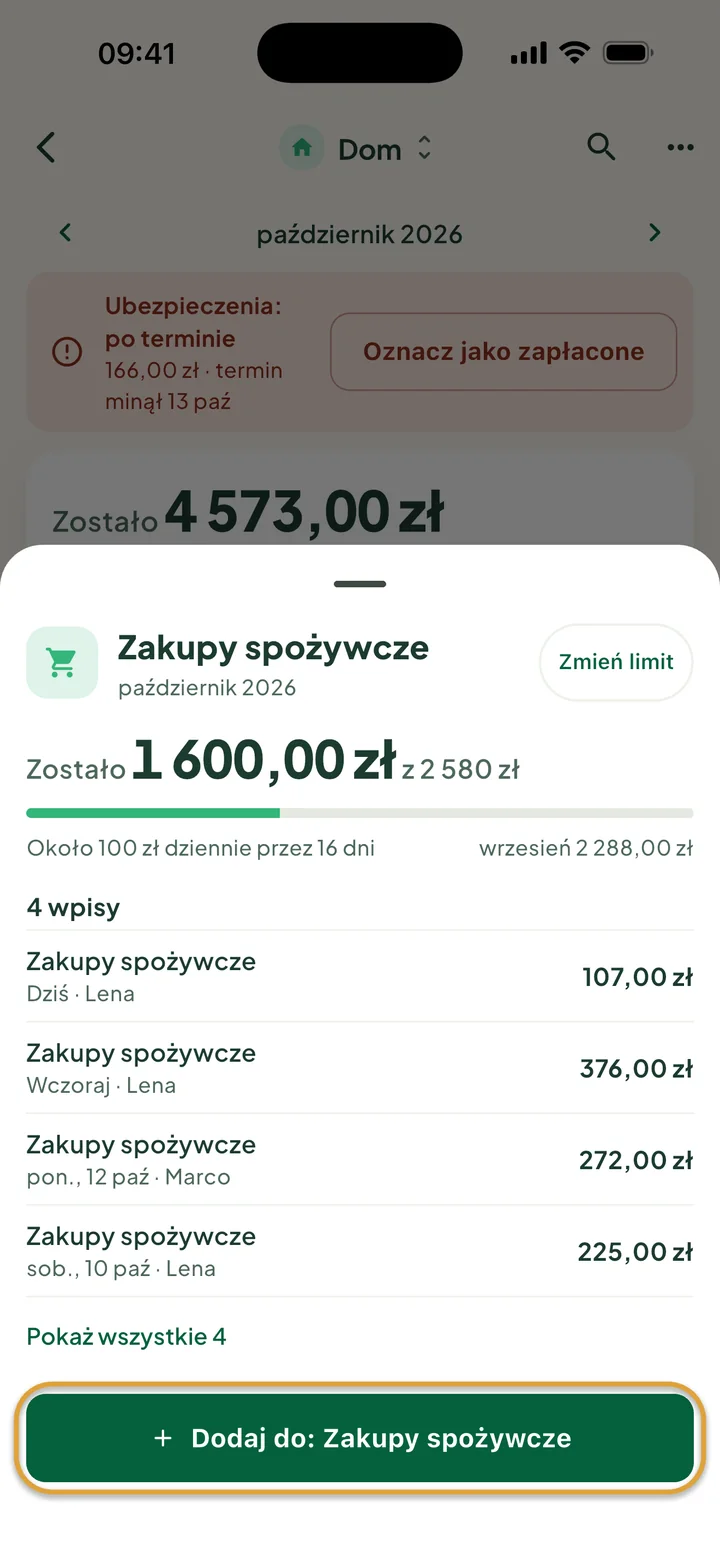 Kategoria Zakupy spożywcze: zostało 1600,00 zł z 2580 zł i cztery wpisy. Przycisk Dodaj do: Zakupy spożywcze jest zakreślony.