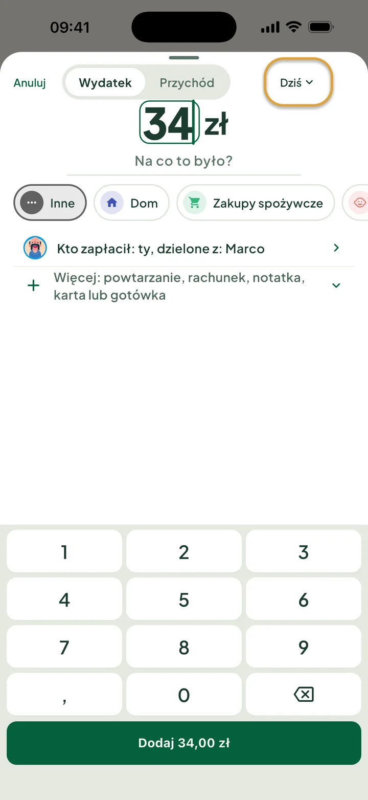 Dodawanie wydatku 34 zł na klawiaturze numerycznej. Przycisk Dziś u góry jest zakreślony.