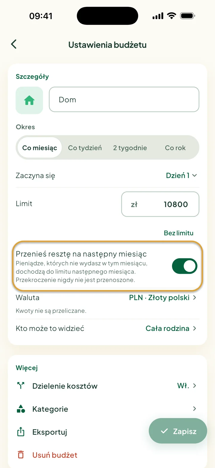 Ustawienia budżetu z włączoną opcją Przenieś resztę na następny miesiąc. Przełącznik jest zakreślony.
