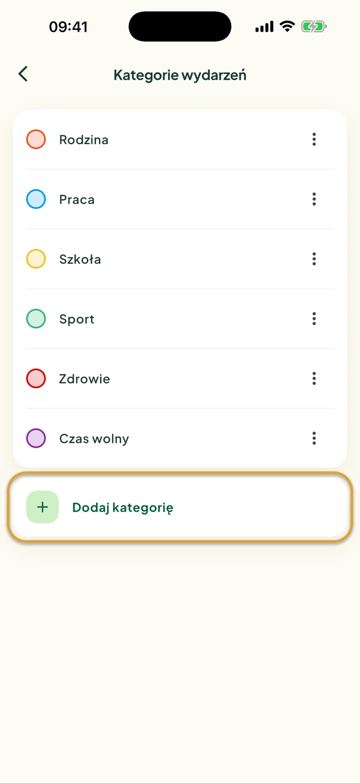 Ekran Kategorie wydarzeń z sześcioma kategoriami. Zakreślony jest wiersz Dodaj kategorię.
