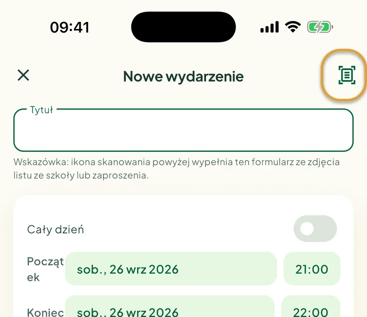 Ekran Nowe wydarzenie. Ikona skanowania w prawym górnym rogu jest zakreślona.