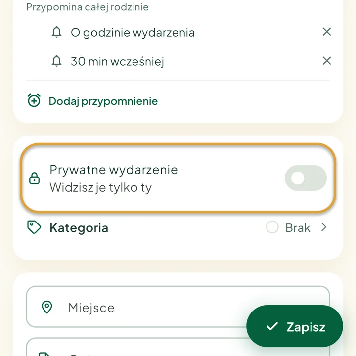 Formularz wydarzenia. Zakreślony jest przełącznik Prywatne wydarzenie.