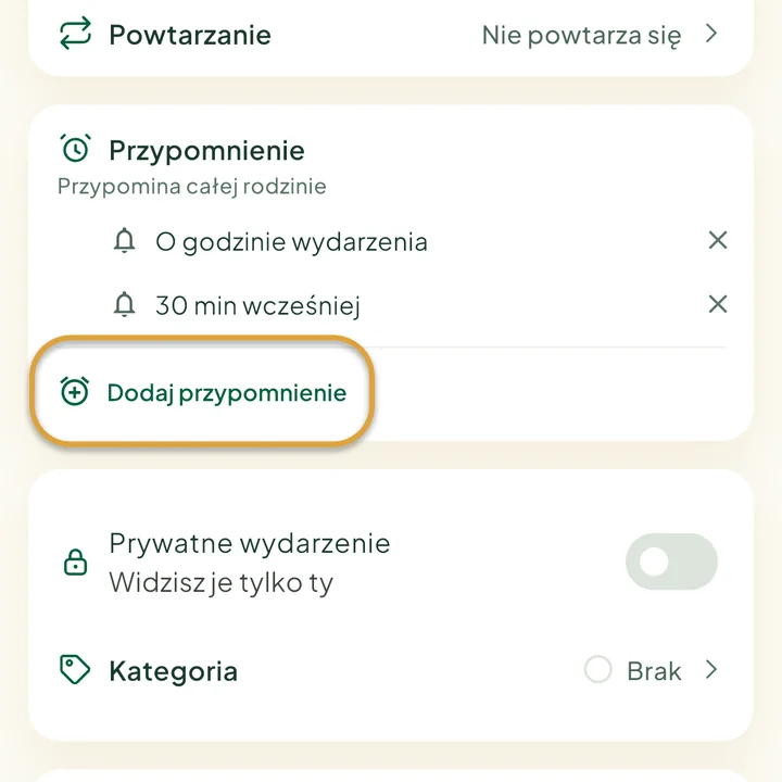 Sekcja Przypomnienie w formularzu wydarzenia z dwoma przypomnieniami. Zakreślony jest przycisk Dodaj przypomnienie.