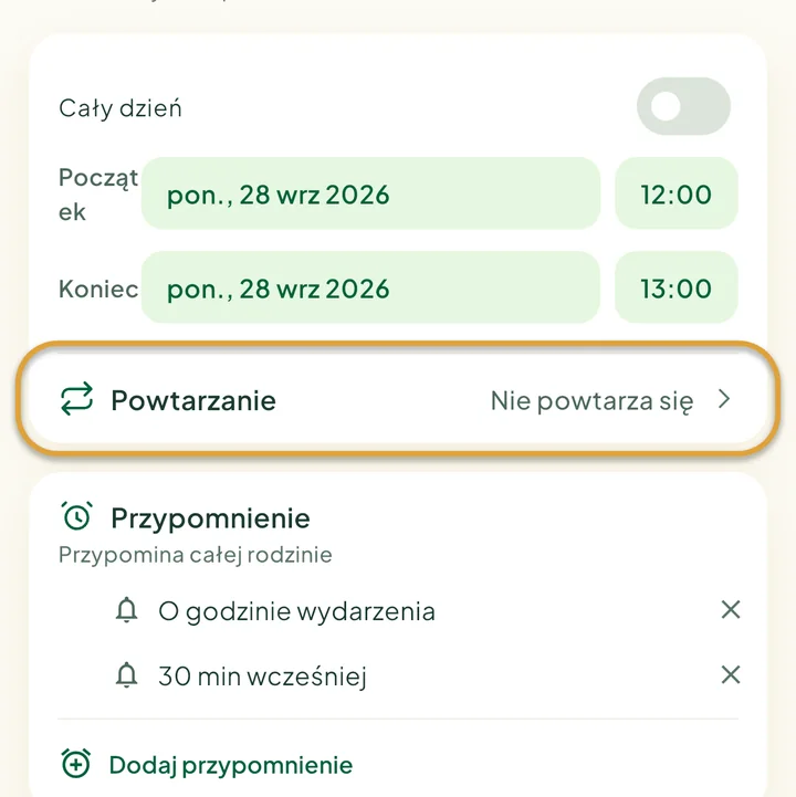 Formularz nowego wydarzenia. Zakreślony jest wiersz Powtarzanie.