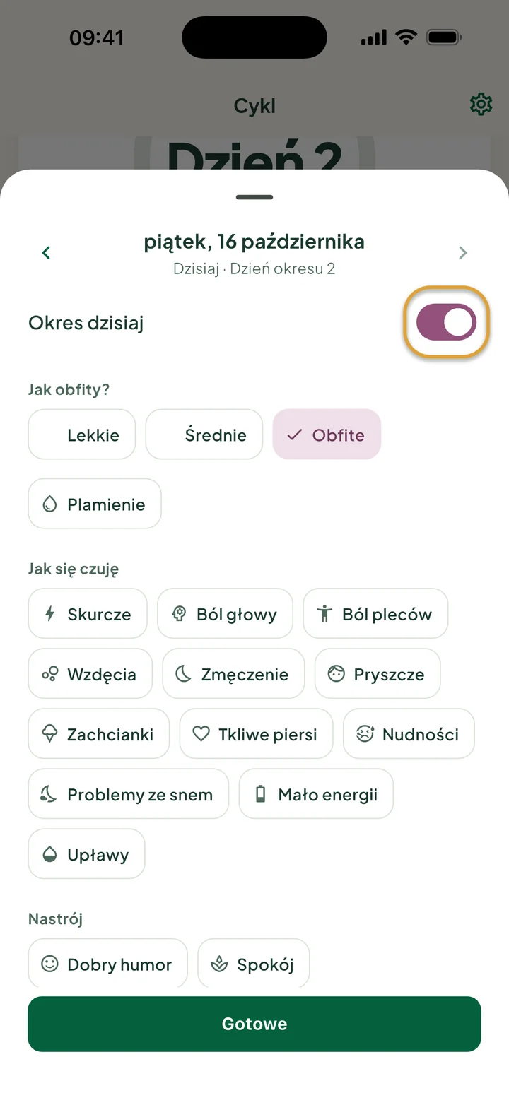 Panel dnia piątek, 16 października: Okres dzisiaj jest włączony i wybrano Obfite. Zakreślony jest przełącznik.