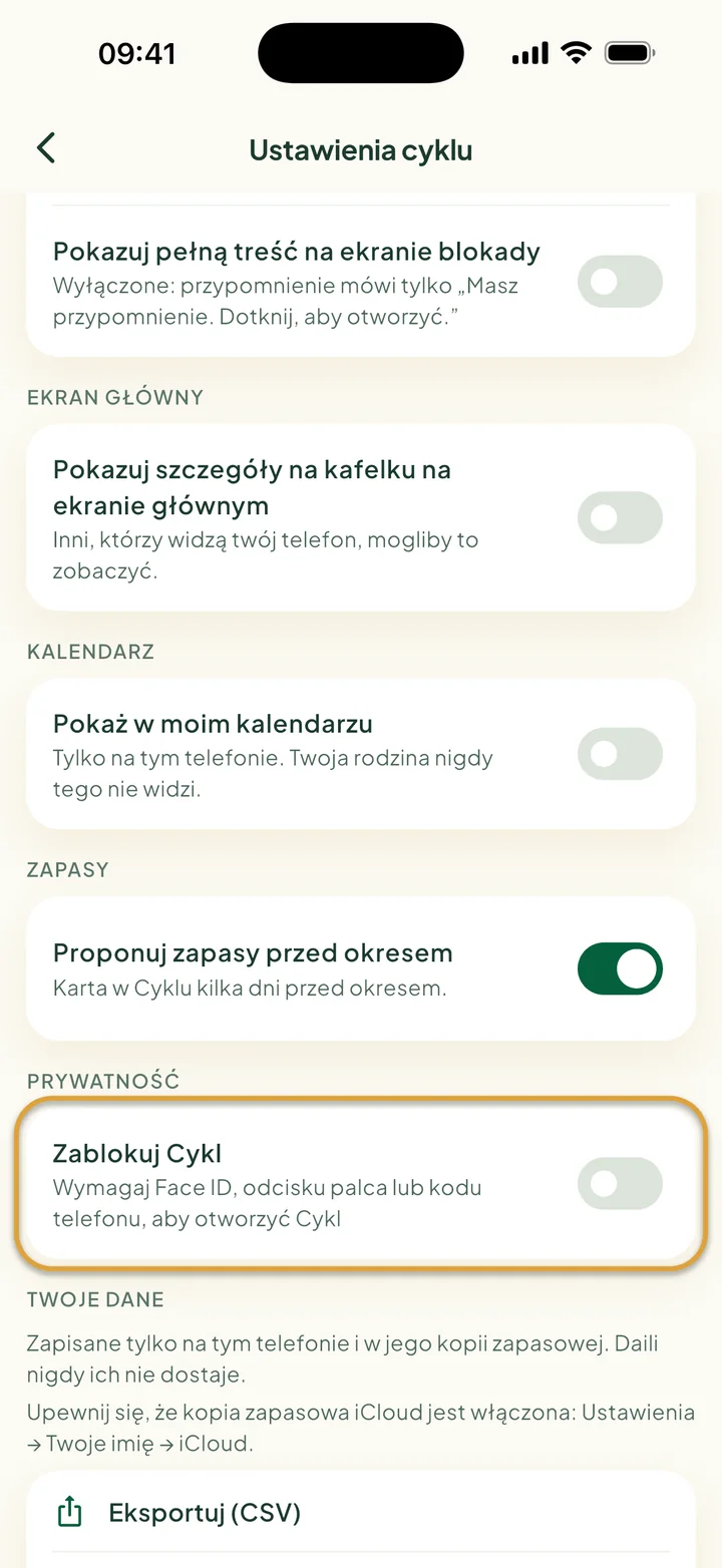Ustawienia cyklu z opcjami Pokaż w moim kalendarzu, przełącznikiem zapasów i Eksportuj (CSV). Zakreślone jest Zablokuj Cykl.