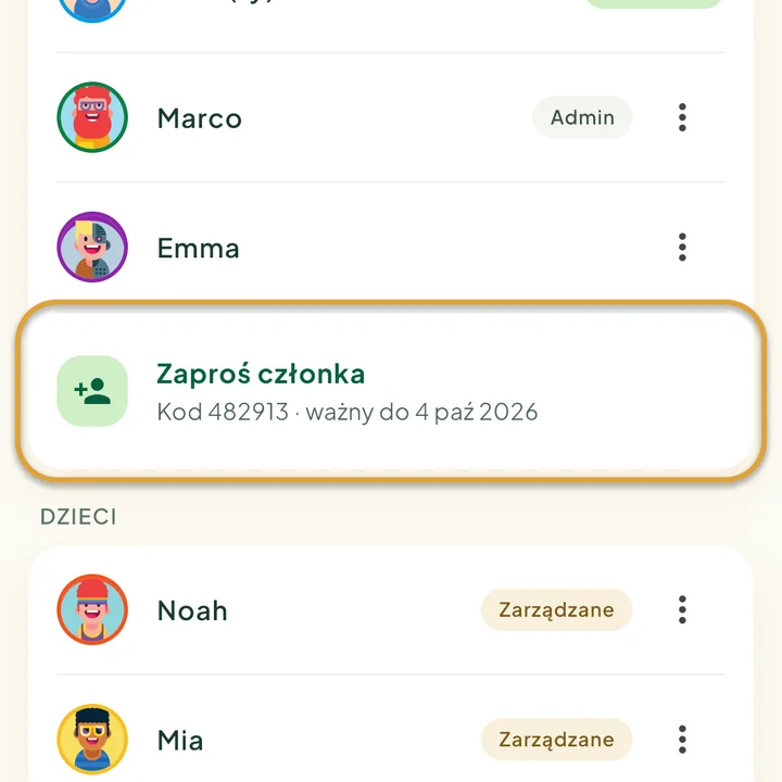 Ekran Rodzina. Zakreślony jest przycisk Zaproś członka, a pod nim aktualny kod i data jego ważności.