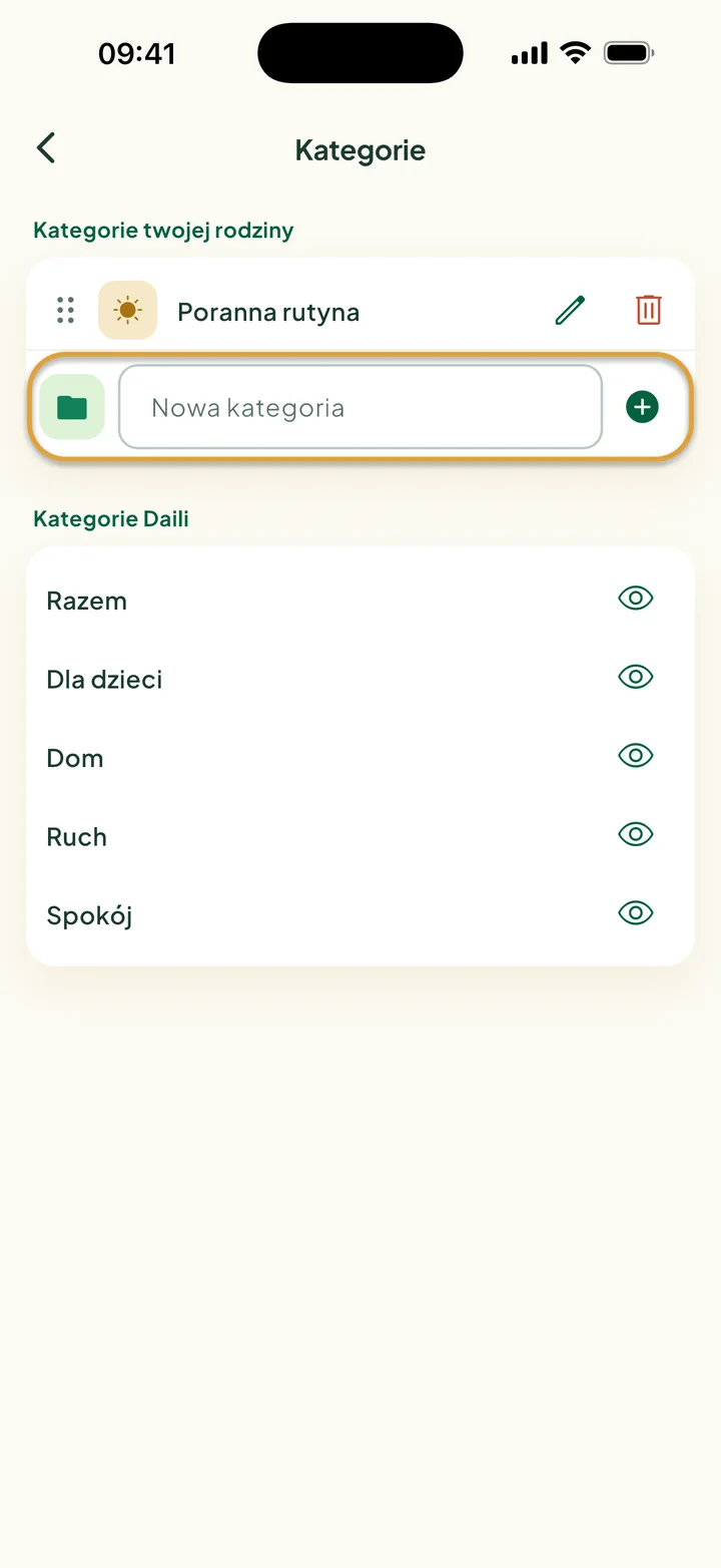 Ekran Kategorie z kategorią Poranna rutyna. Zakreślone jest pole Nowa kategoria.