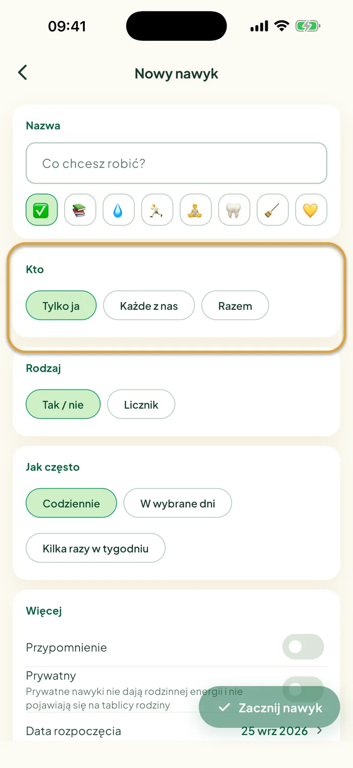Formularz Nowy nawyk. Zakreślone są opcje Kto: Tylko ja, Każde z nas i Razem.