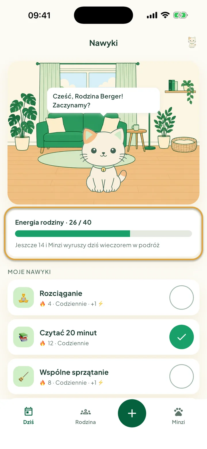 Ekran Nawyki z Minzim w jego pokoiku. Zakreślony jest pasek Energia rodziny.