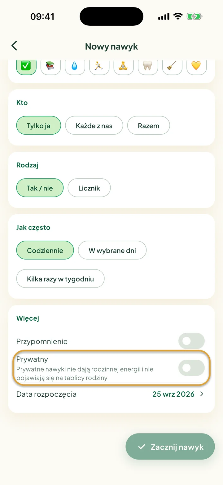 Część Więcej formularza Nowy nawyk. Zakreślony jest przełącznik Prywatny.