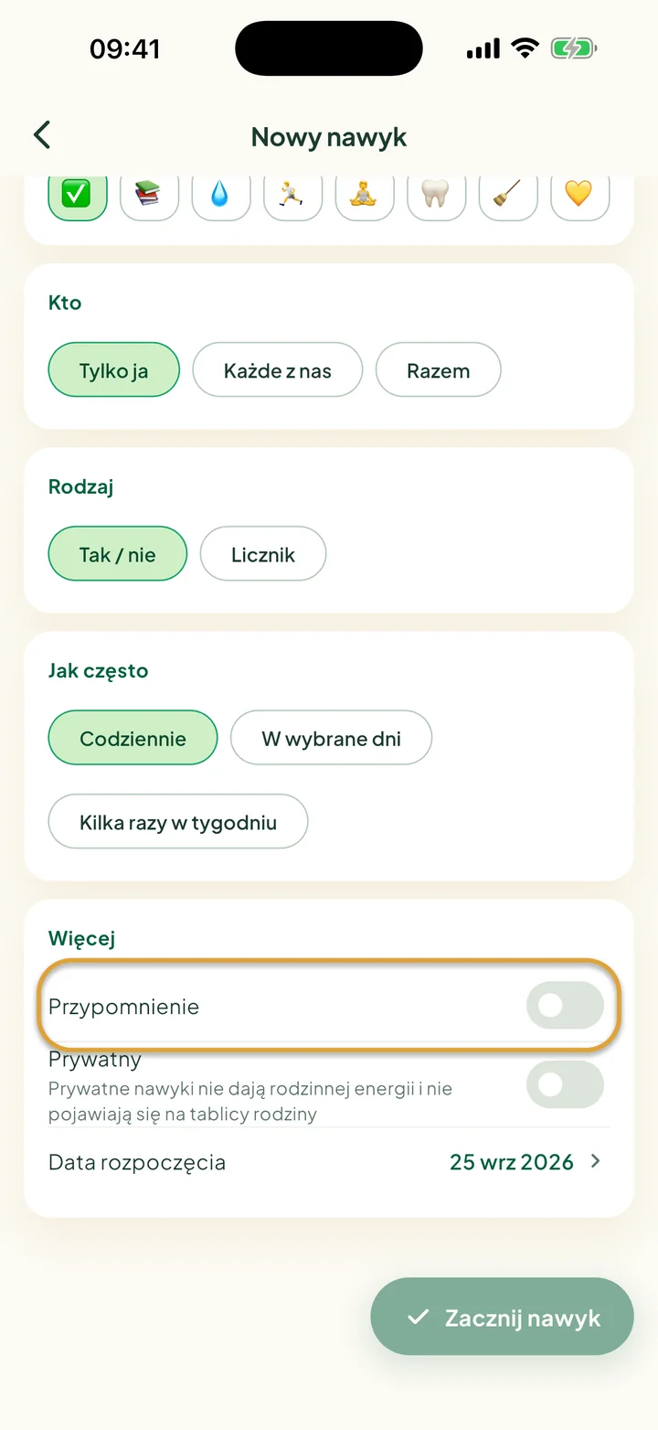 Część Więcej formularza Nowy nawyk. Zakreślony jest przełącznik Przypomnienie.