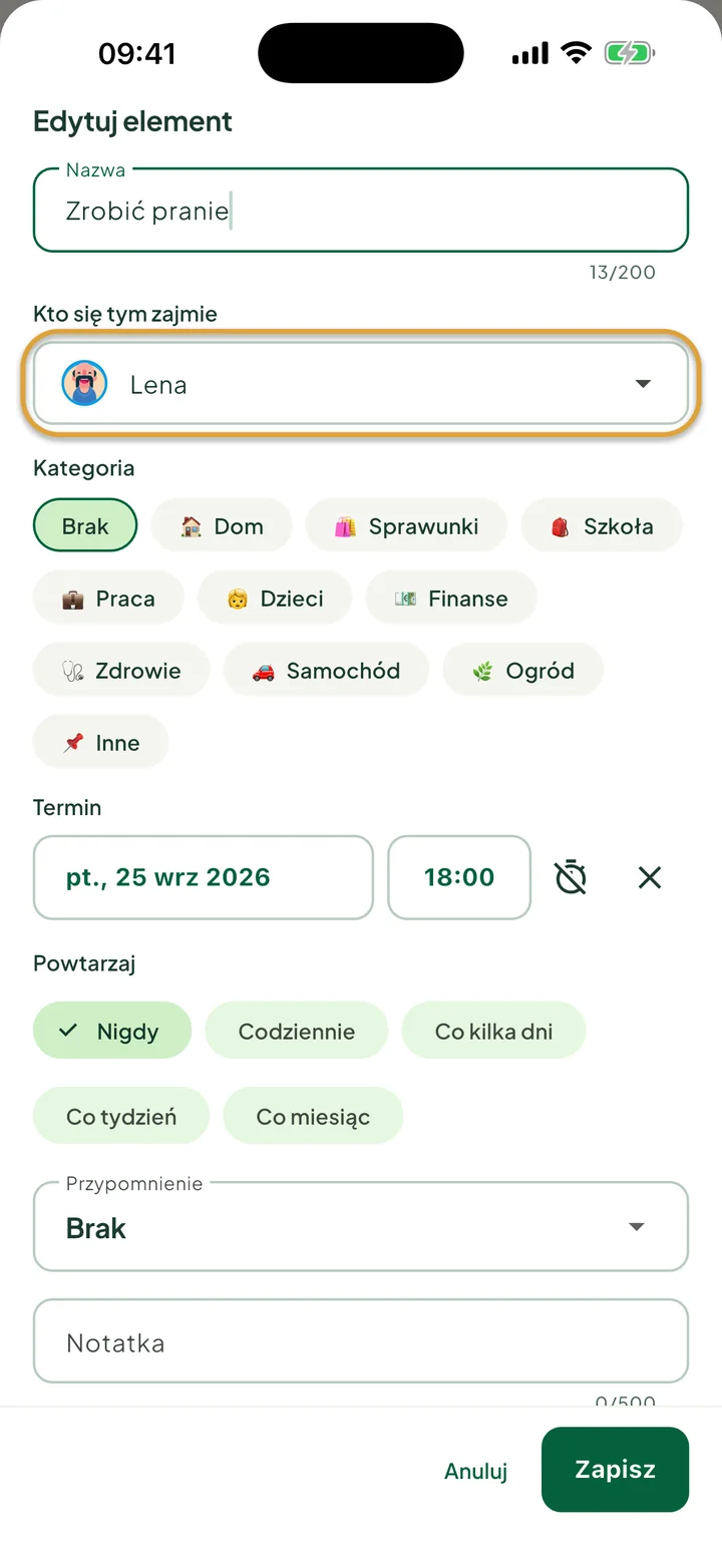 Panel Edytuj element dla zadania. Zakreślone jest pole Kto się tym zajmie z wybraną Leną.