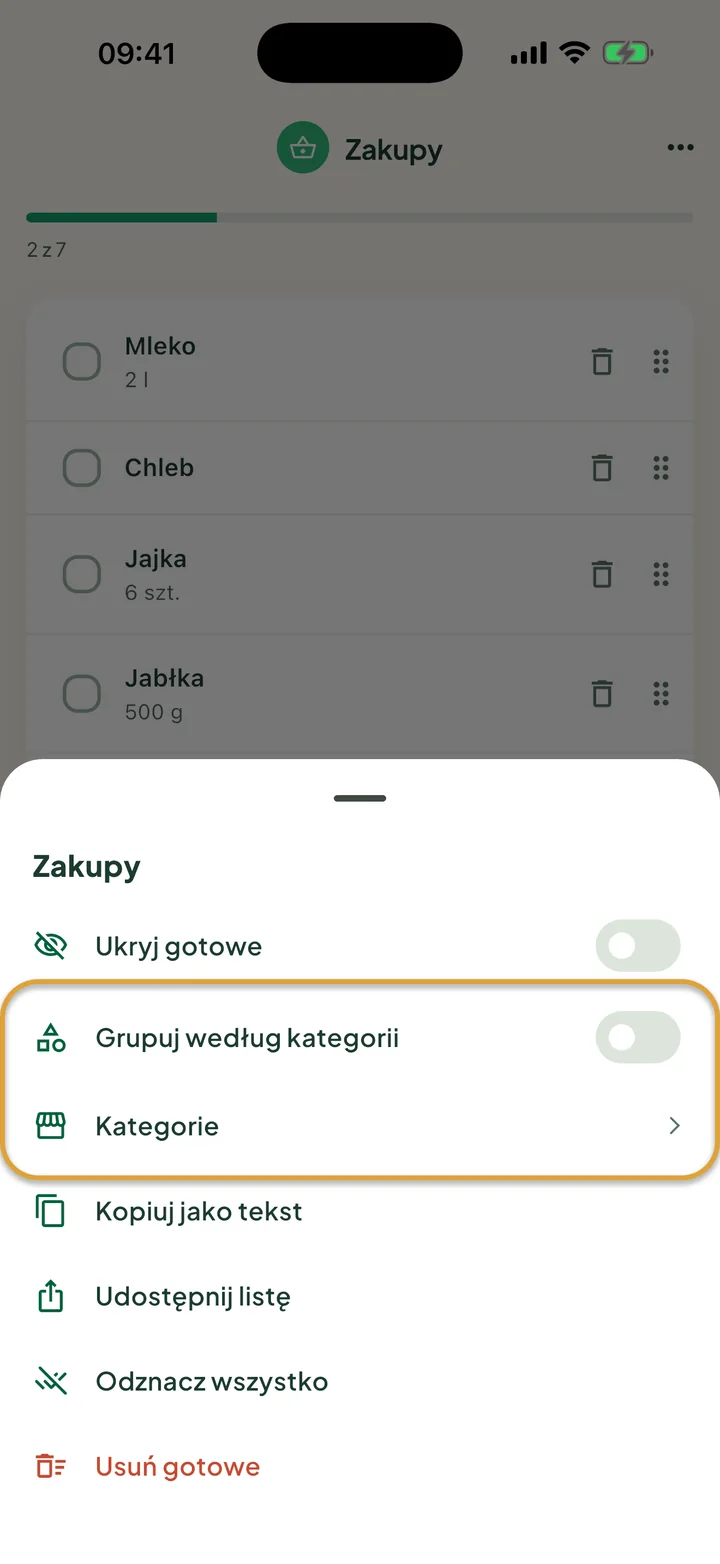 Menu ⋯ listy Zakupy spożywcze. Zakreślone są przełącznik Grupuj według kategorii i wiersz Kategorie.