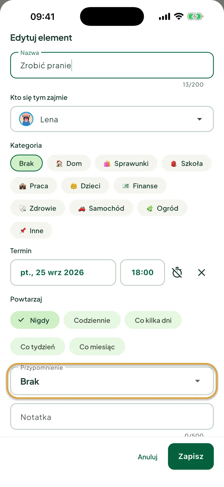 Panel Edytuj element dla zadania z terminem i godziną. Zakreślone jest pole Przypomnienie.