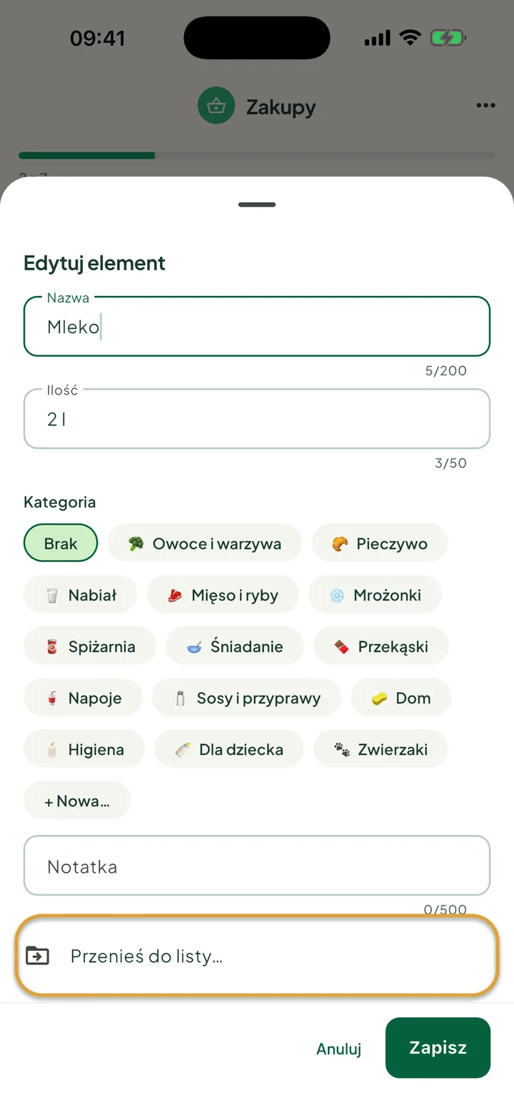 Panel Edytuj element dla Mleka. Zakreślony jest wiersz Przenieś do listy….