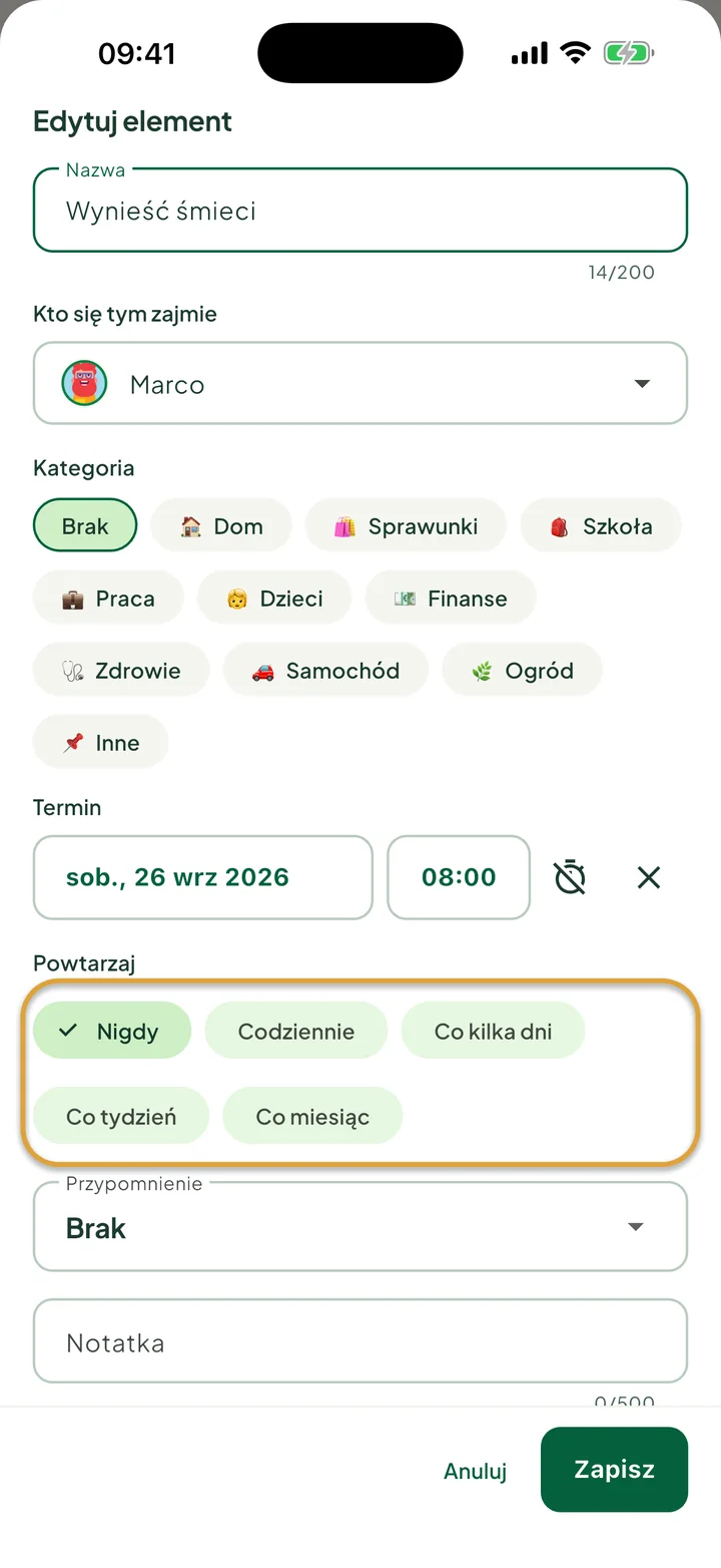 Panel Edytuj element dla zadania. Zakreślone są opcje Powtarzaj: Nigdy, Codziennie, Co kilka dni, Co tydzień i Co miesiąc.