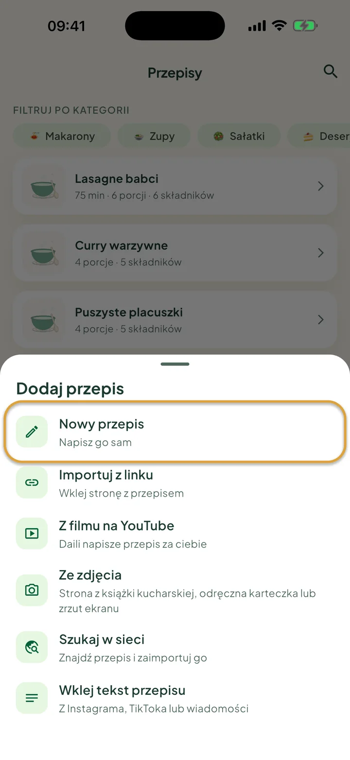 Ekran Przepisy z otwartym menu +. Zakreślona jest opcja Nowy przepis.