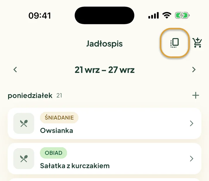Góra ekranu Jadłospis. Zakreślony jest przycisk kopiowania obok wózka na zakupy.