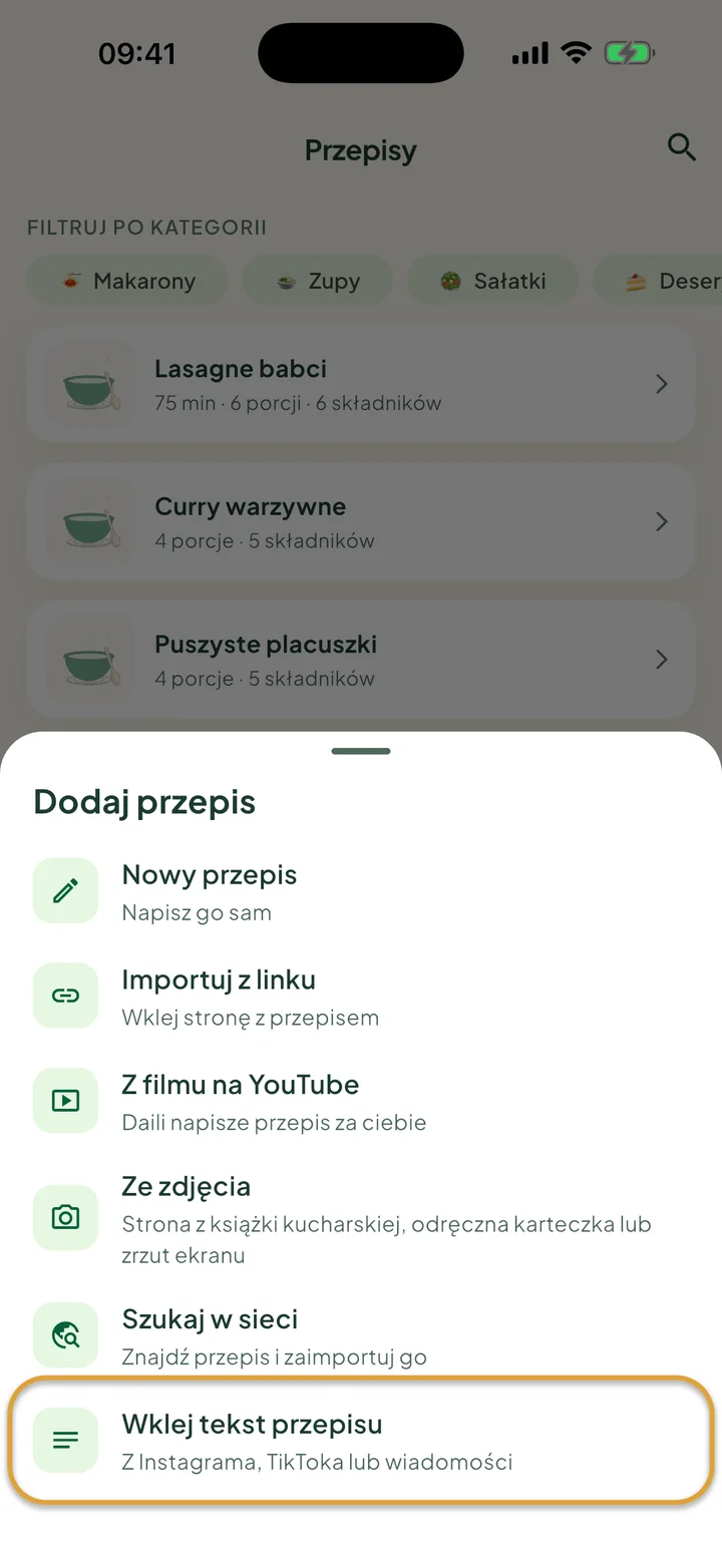 Ekran Przepisy z otwartym menu +. Zakreślona jest opcja Wklej tekst przepisu.
