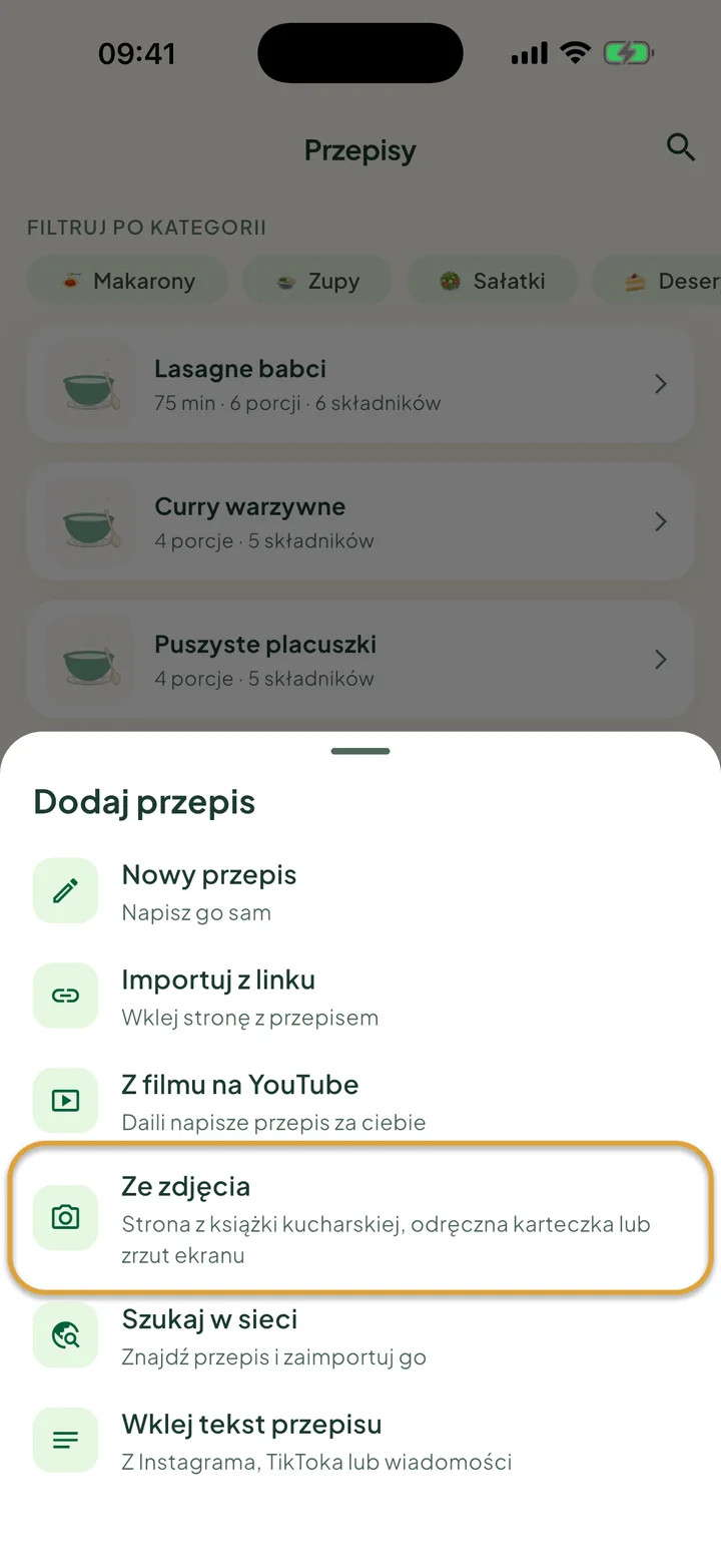 Ekran Przepisy z otwartym menu +. Zakreślona jest opcja Ze zdjęcia.
