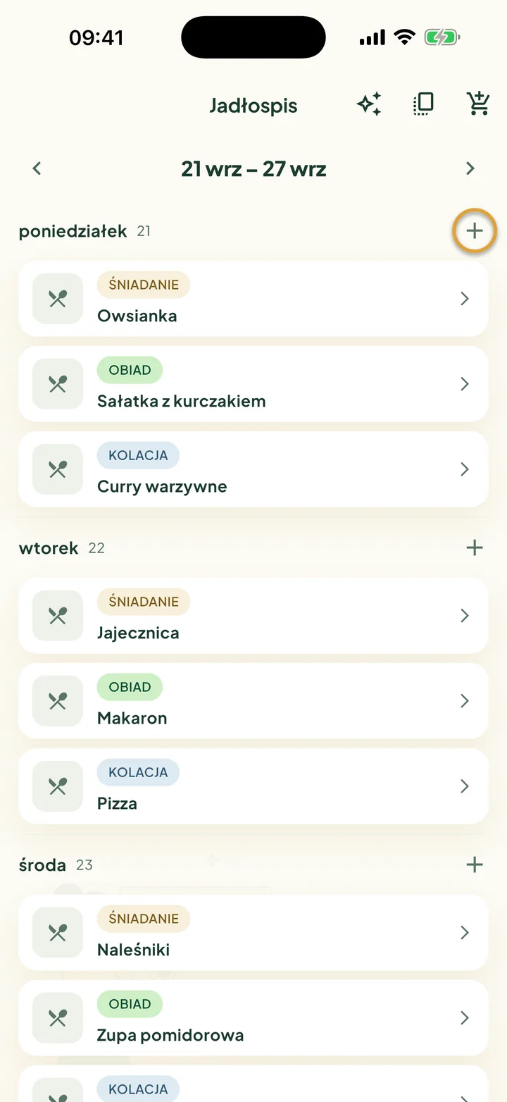 Jadłospis na jeden tydzień. Zakreślony jest + obok poniedziałku.