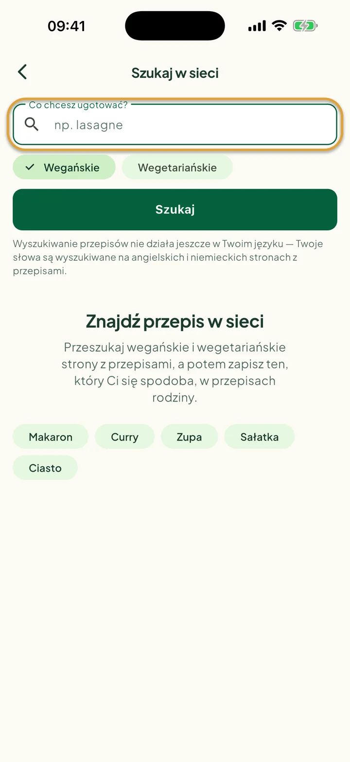 Ekran Szukaj w sieci. Zakreślone jest pole Co chcesz ugotować?.