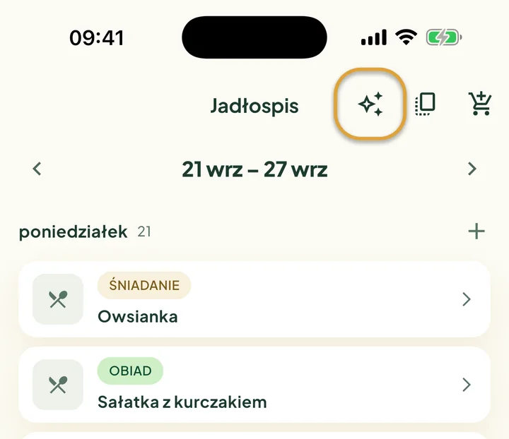 Górna część Jadłospisu. Zakreślony jest przycisk z iskierkami obok przycisku kopiowania.