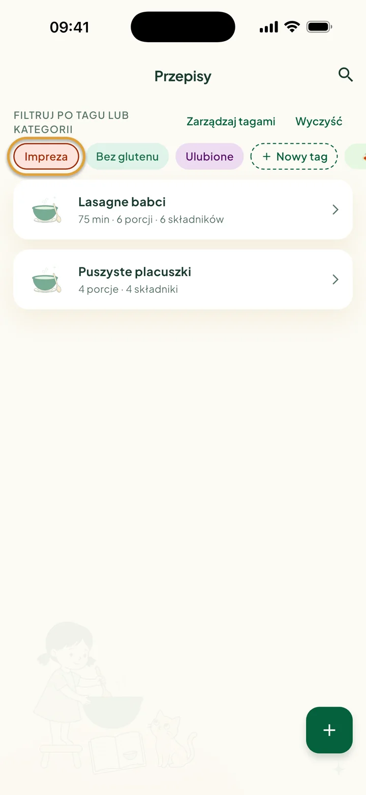 Rząd filtrów z wybranym tagiem Impreza. Widać tylko Lasagne babci i Puszyste placuszki.