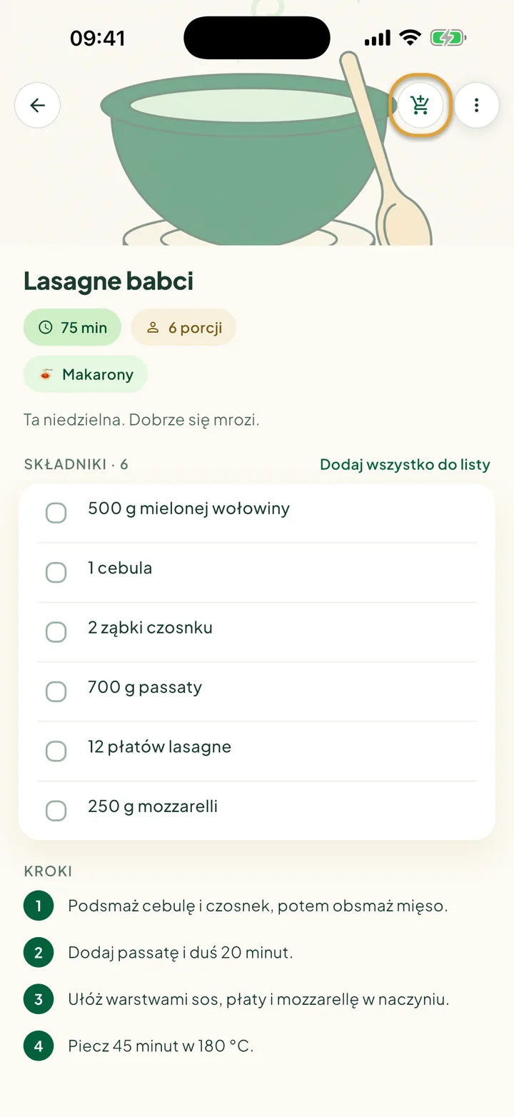 Przepis ze składnikami. Zakreślony jest przycisk z wózkiem na zakupy na górze.