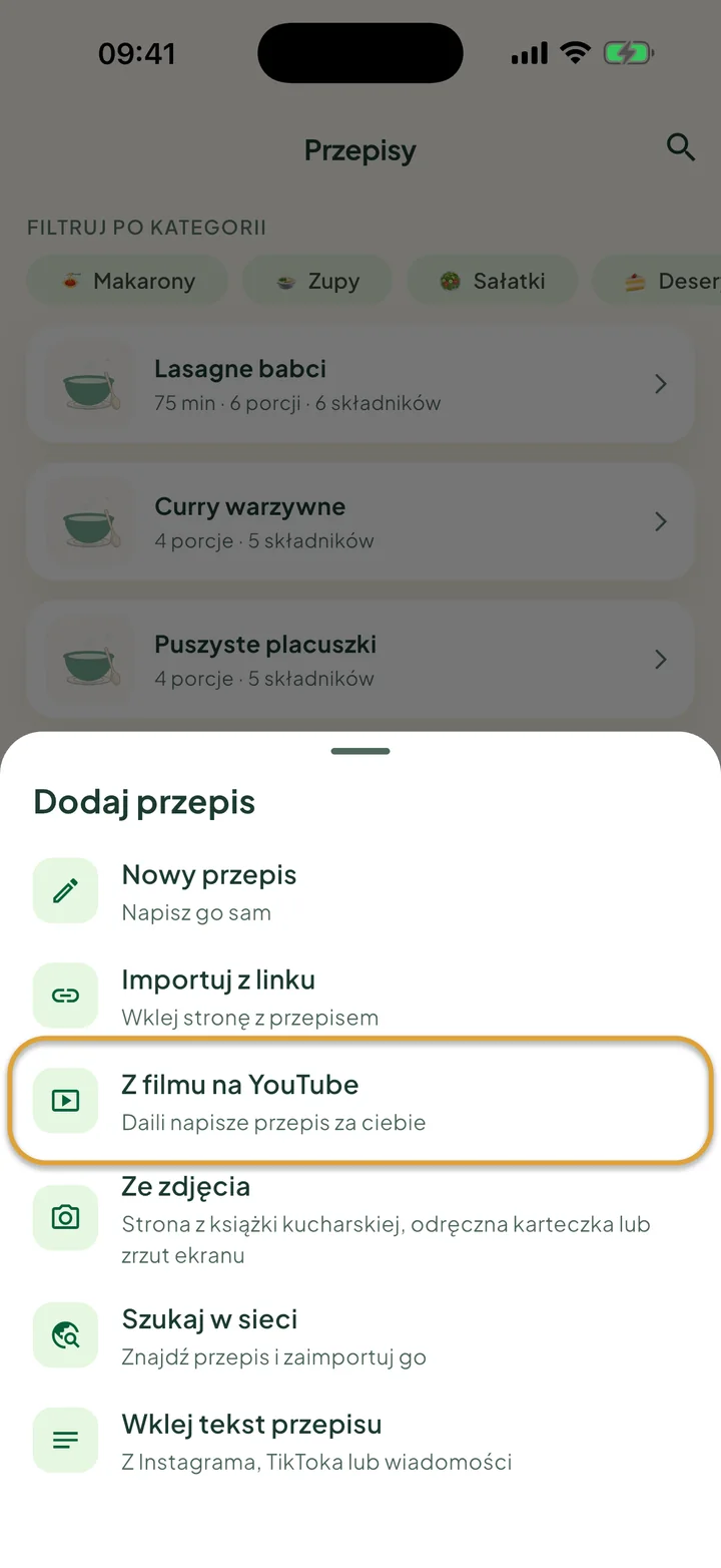 Ekran Przepisy z otwartym menu +. Zakreślona jest opcja Z filmu na YouTube.
