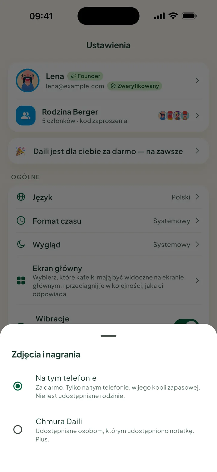 Zdjęcia i nagrania, z wybraną opcją Na tym telefonie i Chmura Daili pod spodem.