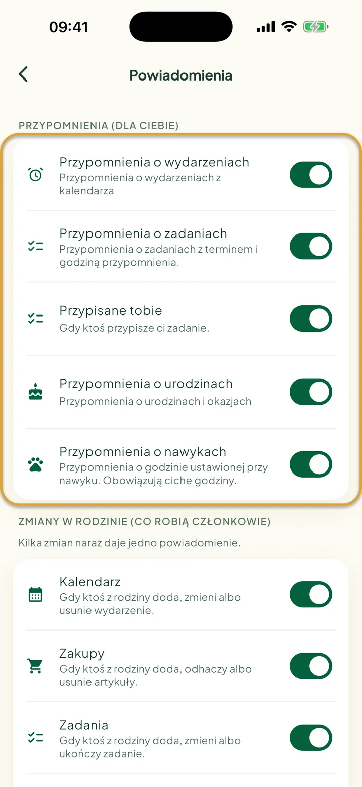 Ekran Powiadomienia. Zakreślona jest grupa Przypomnienia (dla ciebie) z pięcioma przełącznikami.