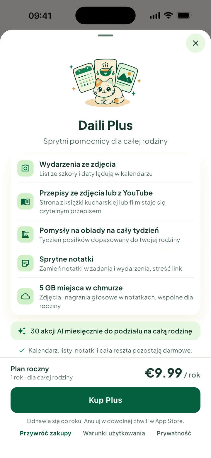 Panel Daili Plus: co dostajesz, cena roczna i przycisk Kup Plus.