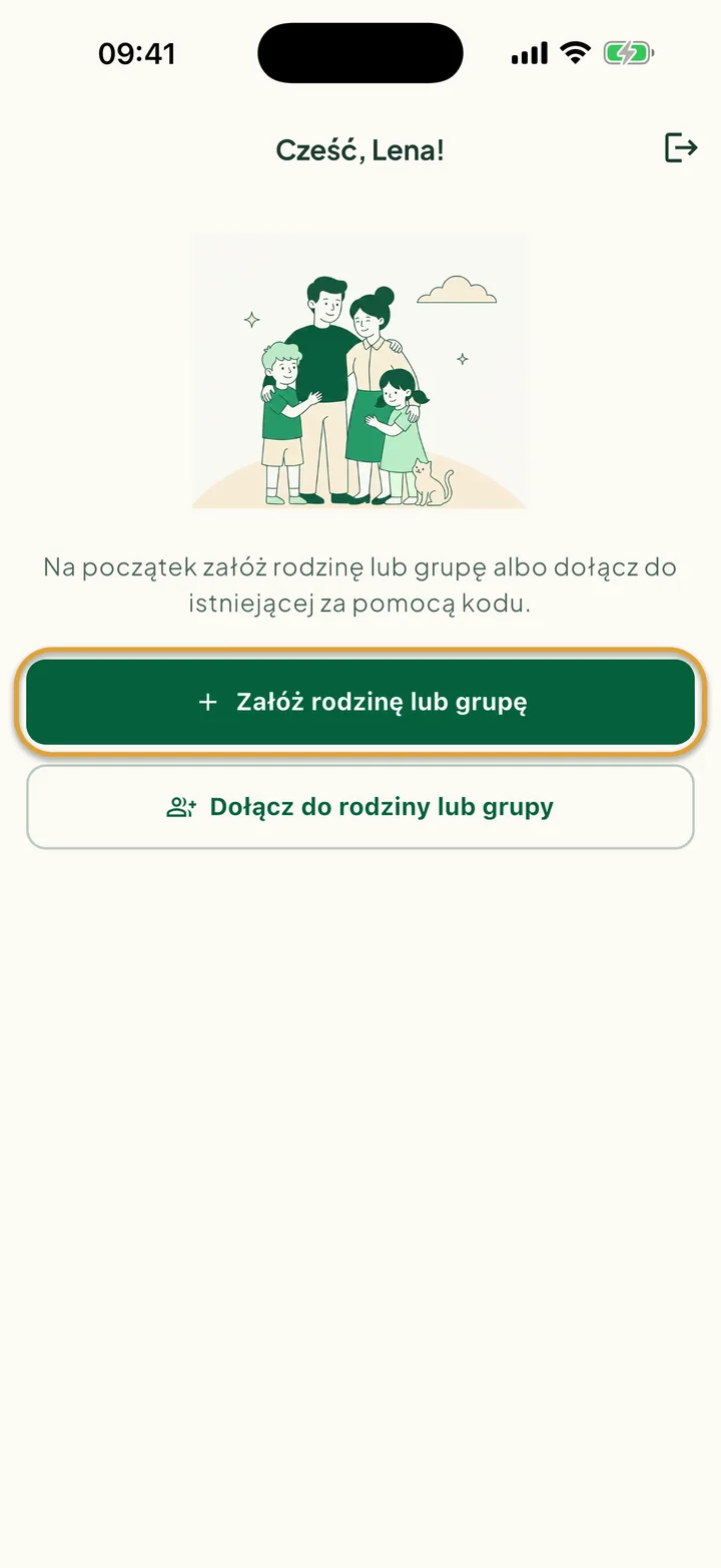 Ekran powitalny dla nowych użytkowników. Zakreślony jest przycisk Załóż rodzinę lub grupę.