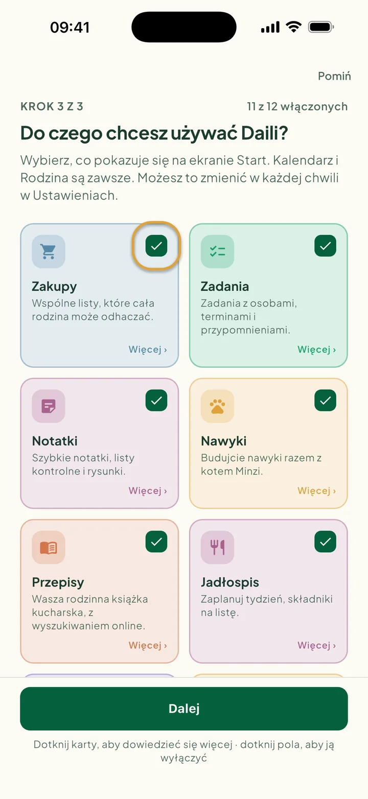Karty funkcji. Zakreślone jest pole wyboru na karcie Zakupy.