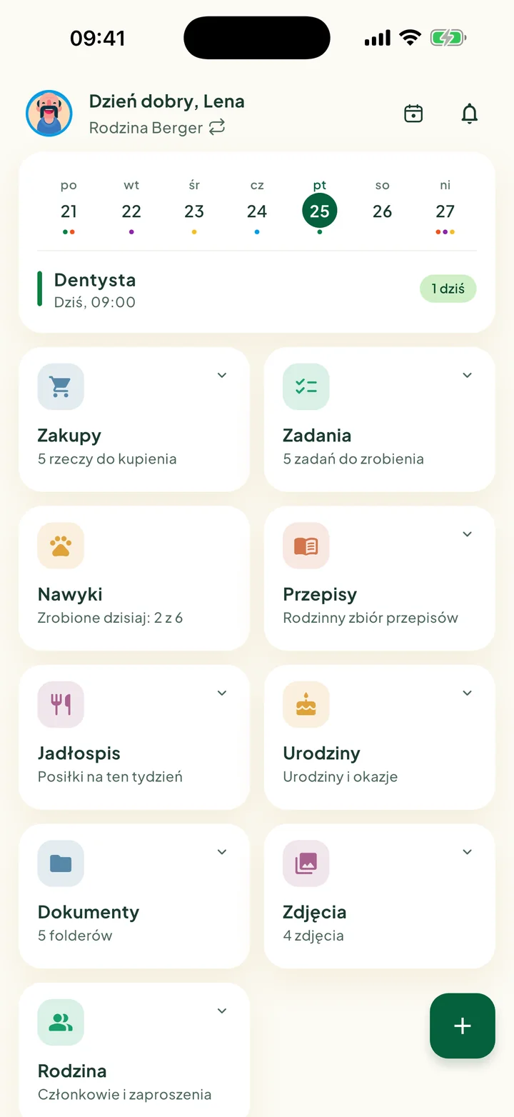 Ekran główny z kartą tygodnia i kafelkami