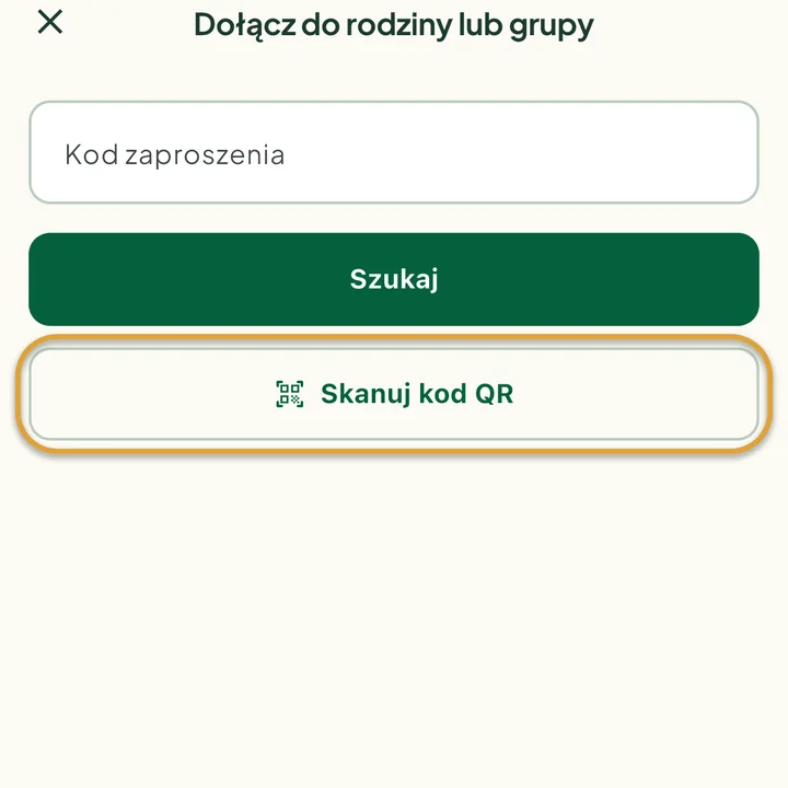 Ekran Dołącz do rodziny lub grupy z polem Kod zaproszenia. Zakreślony jest przycisk Skanuj kod QR.